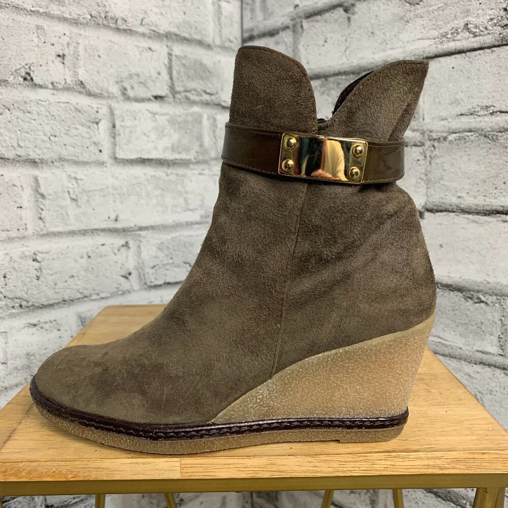 Suede Wedge Ankle Boots Booties Women's 5 Brown Gold Mid Heel Side Zip Boho